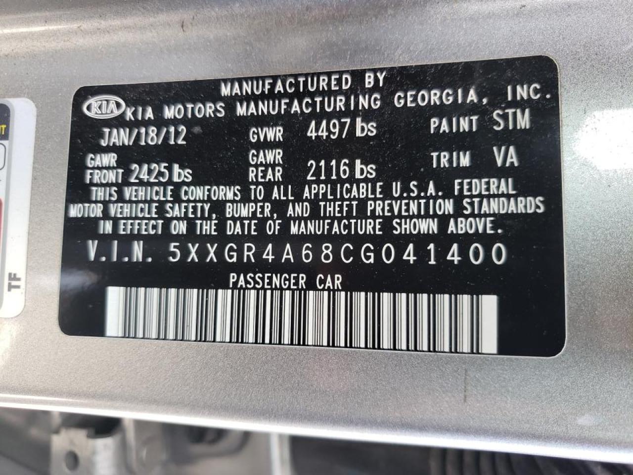 Photo 10 from auction – 2012 KIA OPTIMA with VIN 5XXGR4A68CG041400