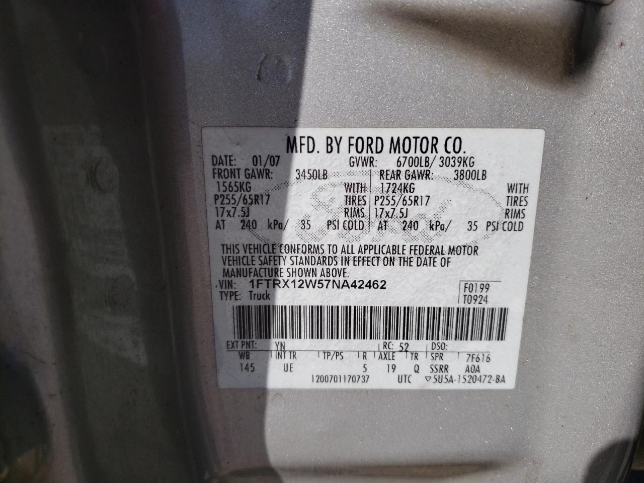 Photo 10 from auction – 2007 FORD F150 with VIN 1FTRX12W57NA42462