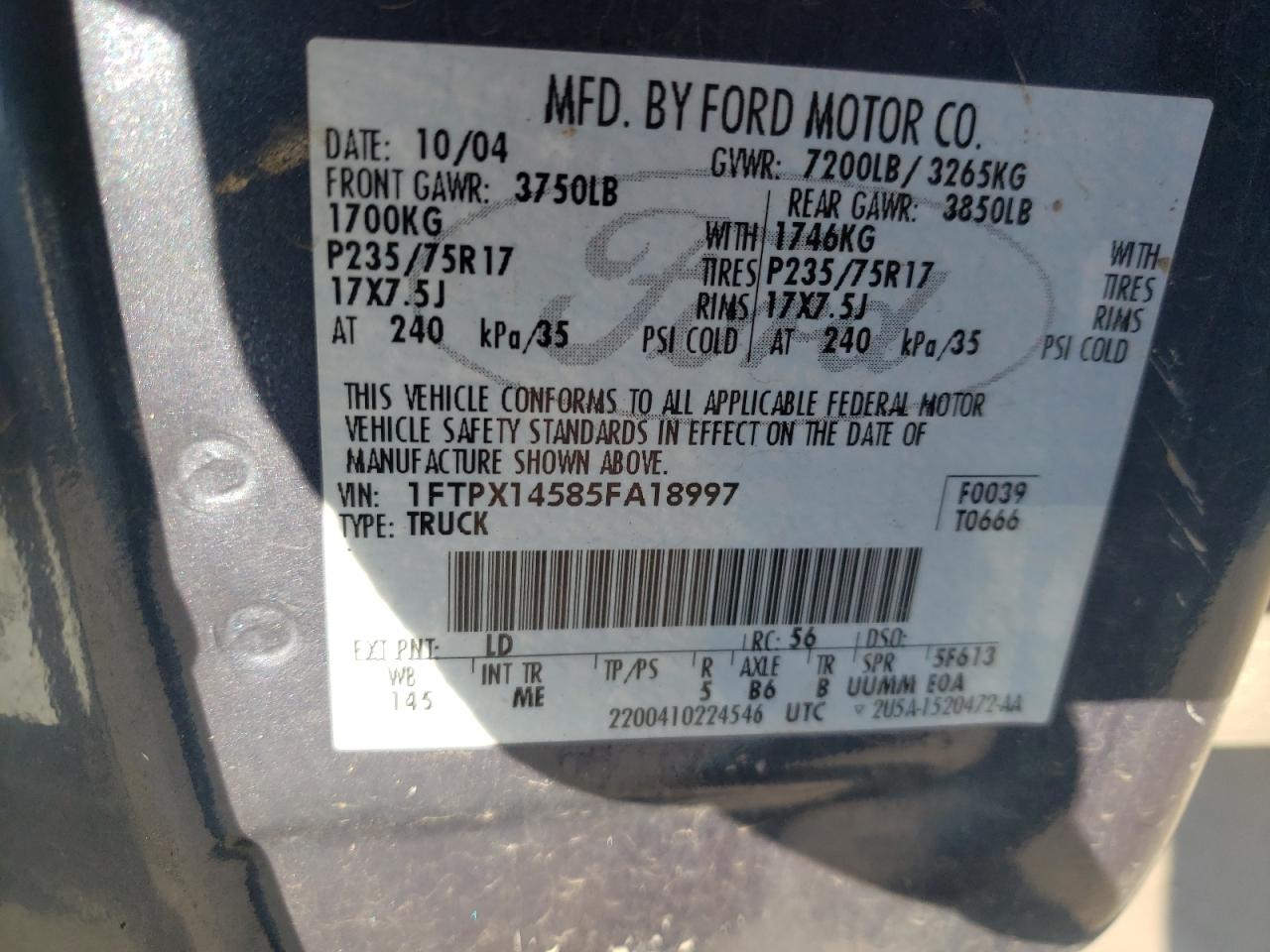 Zdjęcie 10 z aukcji – 2005 FORD F150 z VIN 1FTPX14585FA18997
