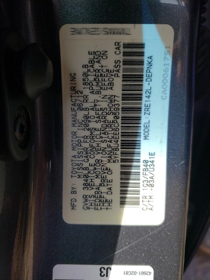 Фото 10 с аукциона – 2012 TOYOTA COROLLA BA с VIN 5YFBU4EE6CP059377