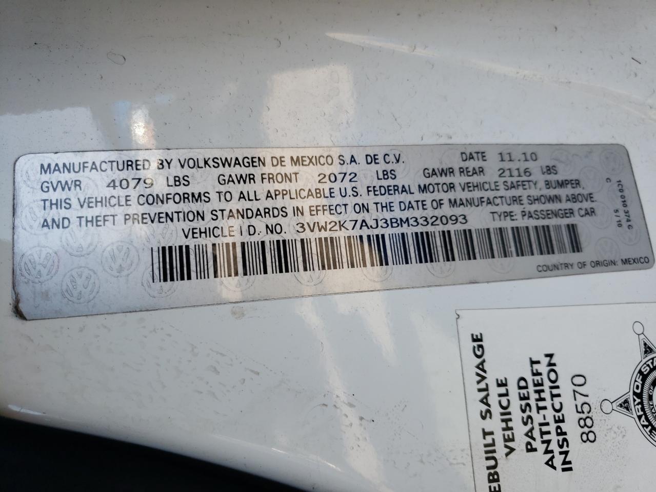 Photo 10 from auction – 2011 VOLKSWAGEN JETTA BASE with VIN 3VW2K7AJ3BM332093