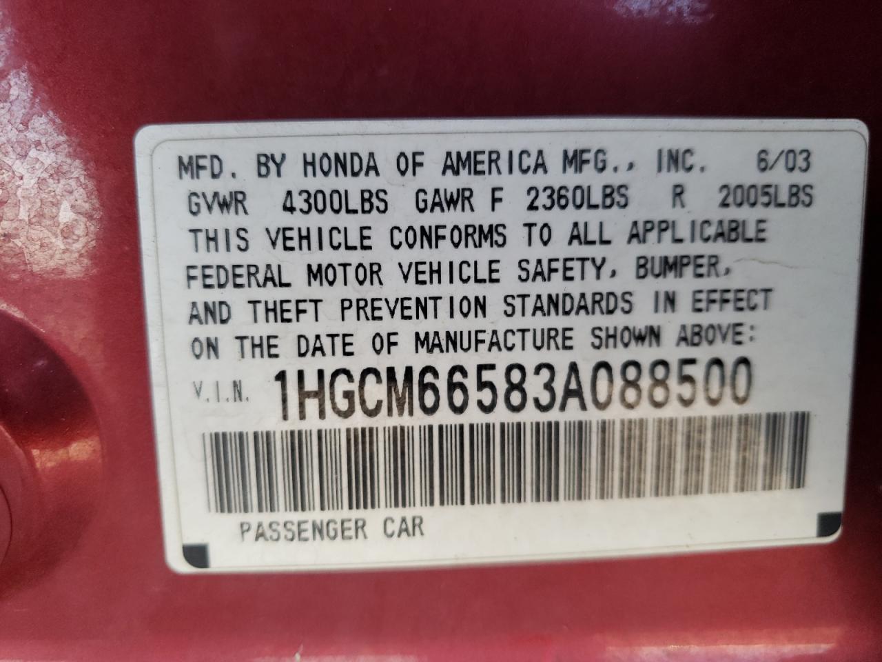 Photo 10 from auction – 2003 HONDA ACCORD EX with VIN 1HGCM66583A088500