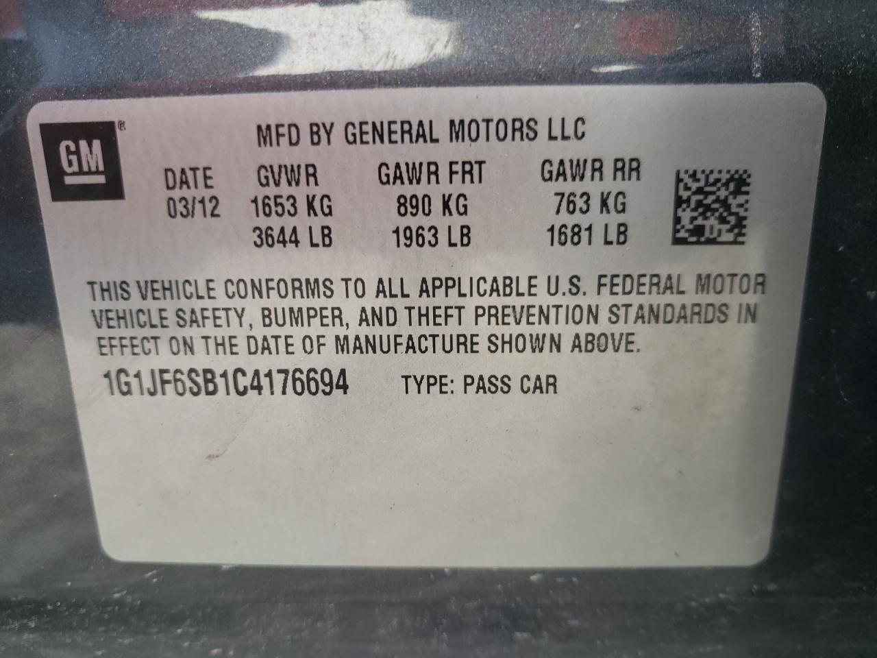 Photo 10 from auction – 2012 CHEVROLET SONIC LTZ with VIN 1G1JF6SB1C4176694