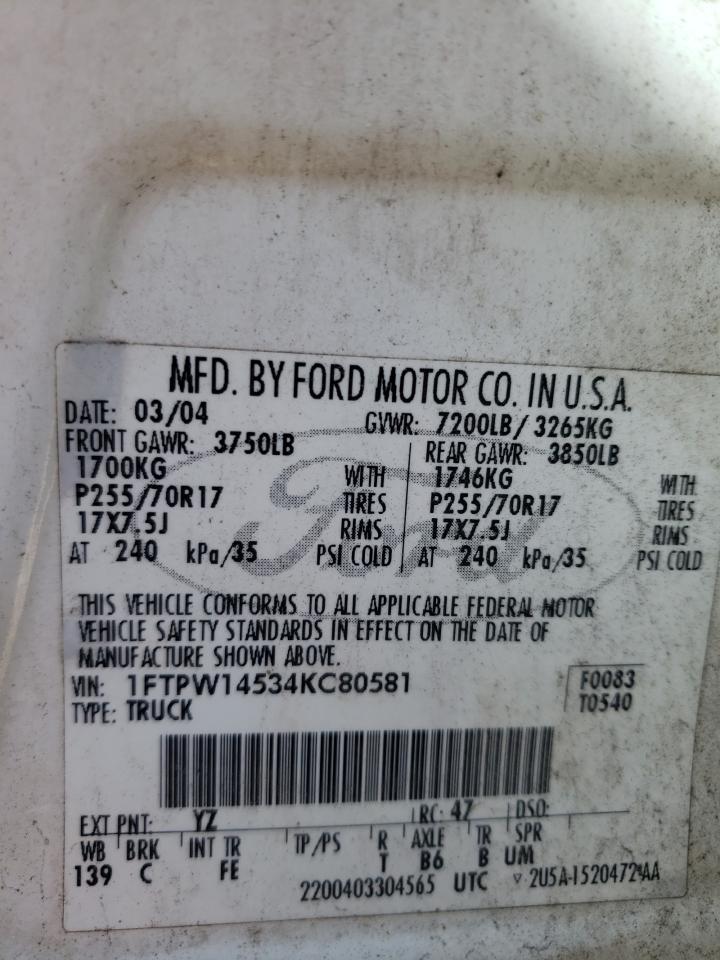 Photo 10 from auction – 2004 FORD F150 SUPER with VIN 1FTPW14534KC80581