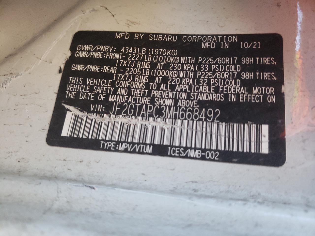 Photo 10 from auction – 2021 SUBARU CROSSTREK with VIN JF2GTAPC3MH668492