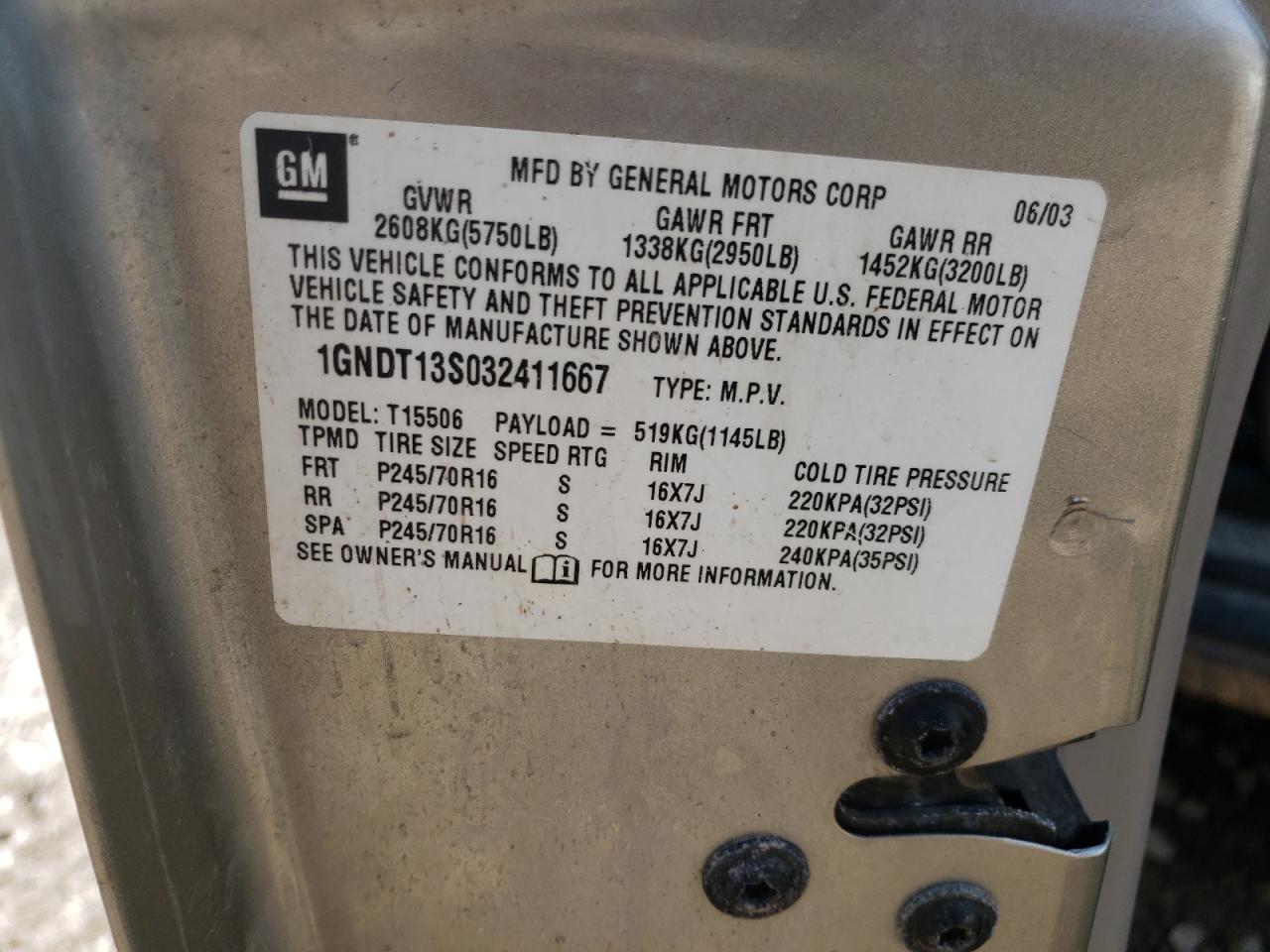 Photo 10 from auction – 2003 CHEVROLET TRAILBLAZE with VIN 1GNDT13S032411667