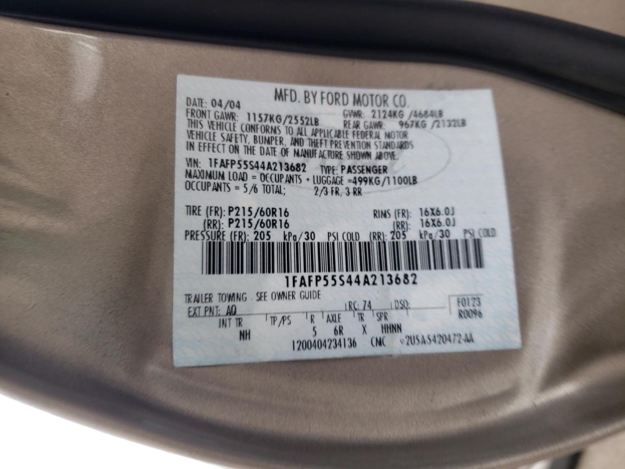 Photo 10 from auction – 2004 FORD TAURUS SES with VIN 1FAFP55S44A213682