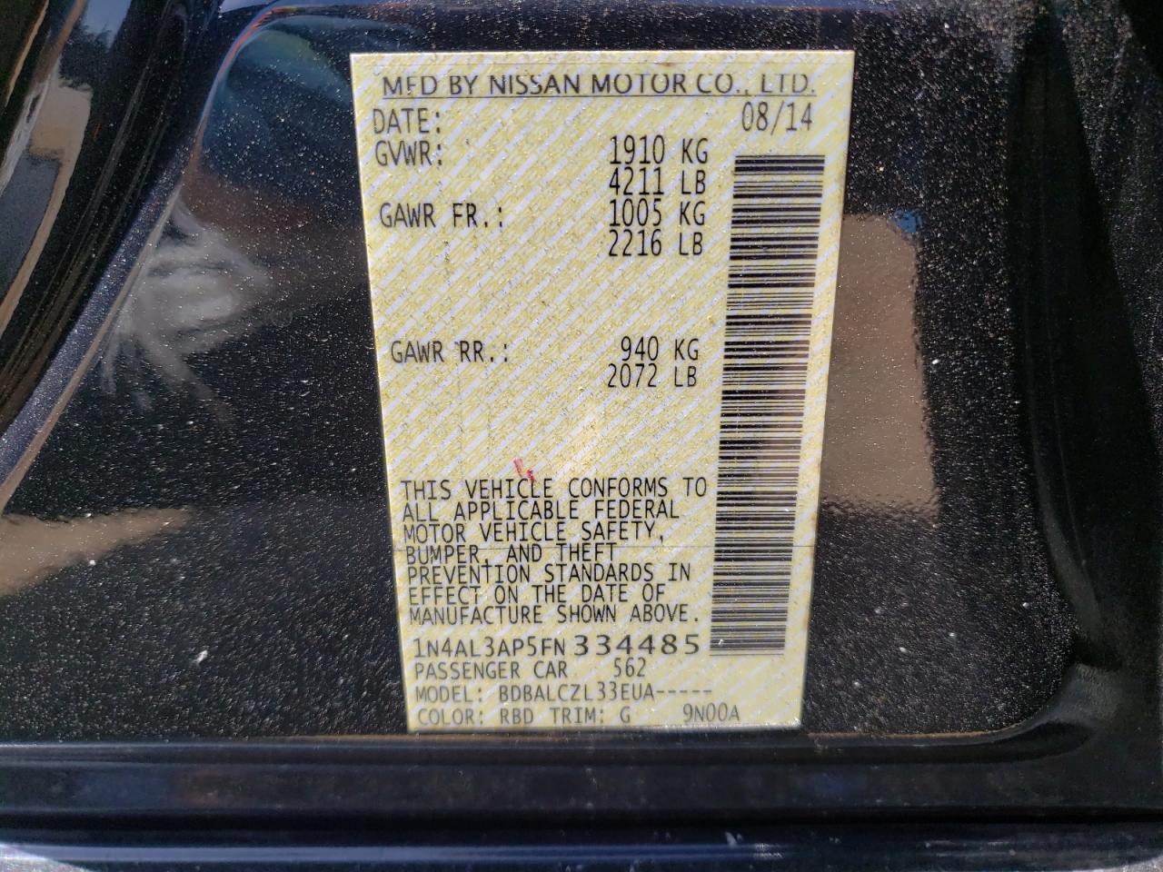 Photo 10 from auction – 2015 NISSAN ALTIMA 2.5 with VIN 1N4AL3AP5FN334485