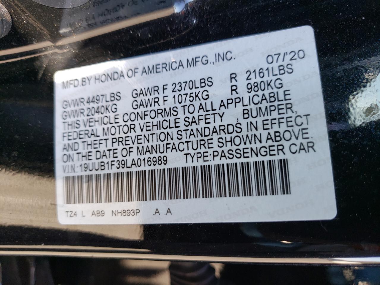 Photo 10 from auction – 2020 ACURA TLX with VIN 19UUB1F39LA016989