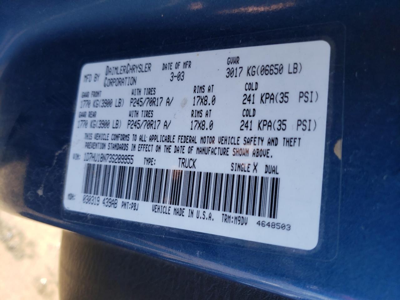Photo 10 from auction – 2003 DODGE RAM 1500 S with VIN 1D7HU18N73S289955