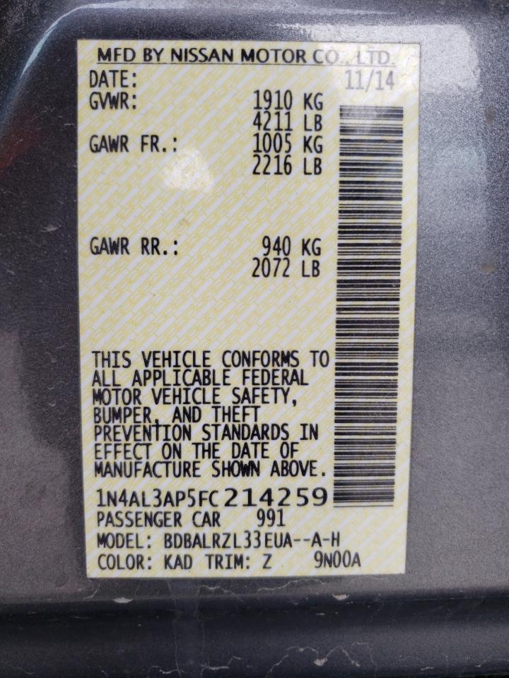 Photo 10 from auction – 2015 NISSAN ALTIMA 2.5 with VIN 1N4AL3AP5FC214259