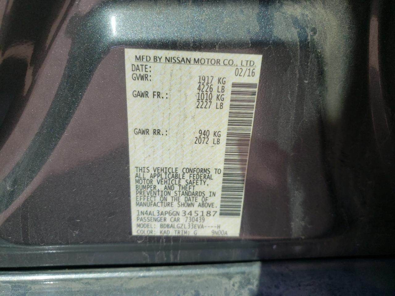 Photo 10 from auction – 2016 NISSAN ALTIMA with VIN 1N4AL3AP6GN345187