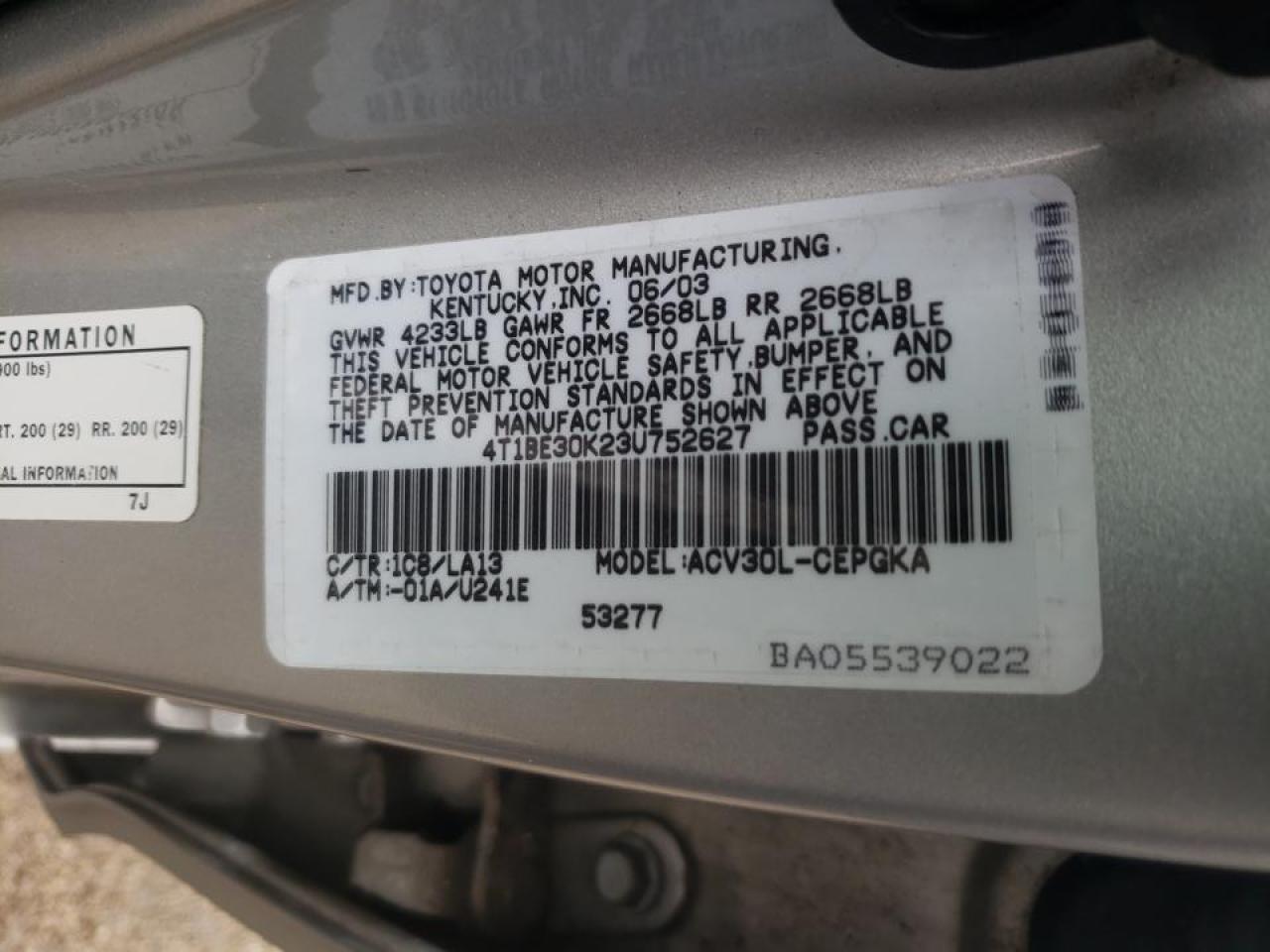 Photo 10 from auction – 2003 TOYOTA CAMRY LE with VIN 4T1BE30K23U752627
