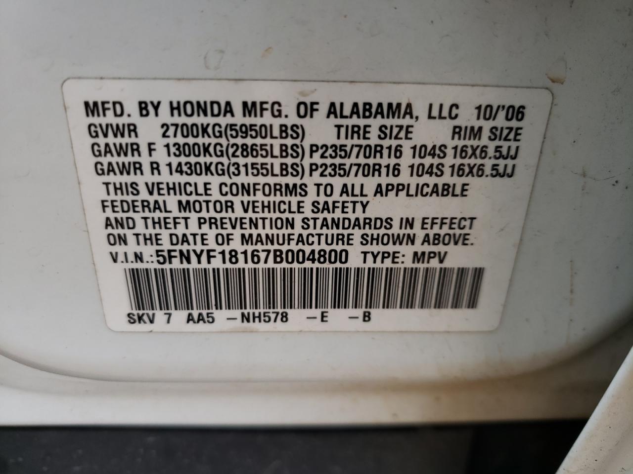 Photo 10 from auction – 2007 HONDA PILOT LX with VIN 5FNYF18167B004800