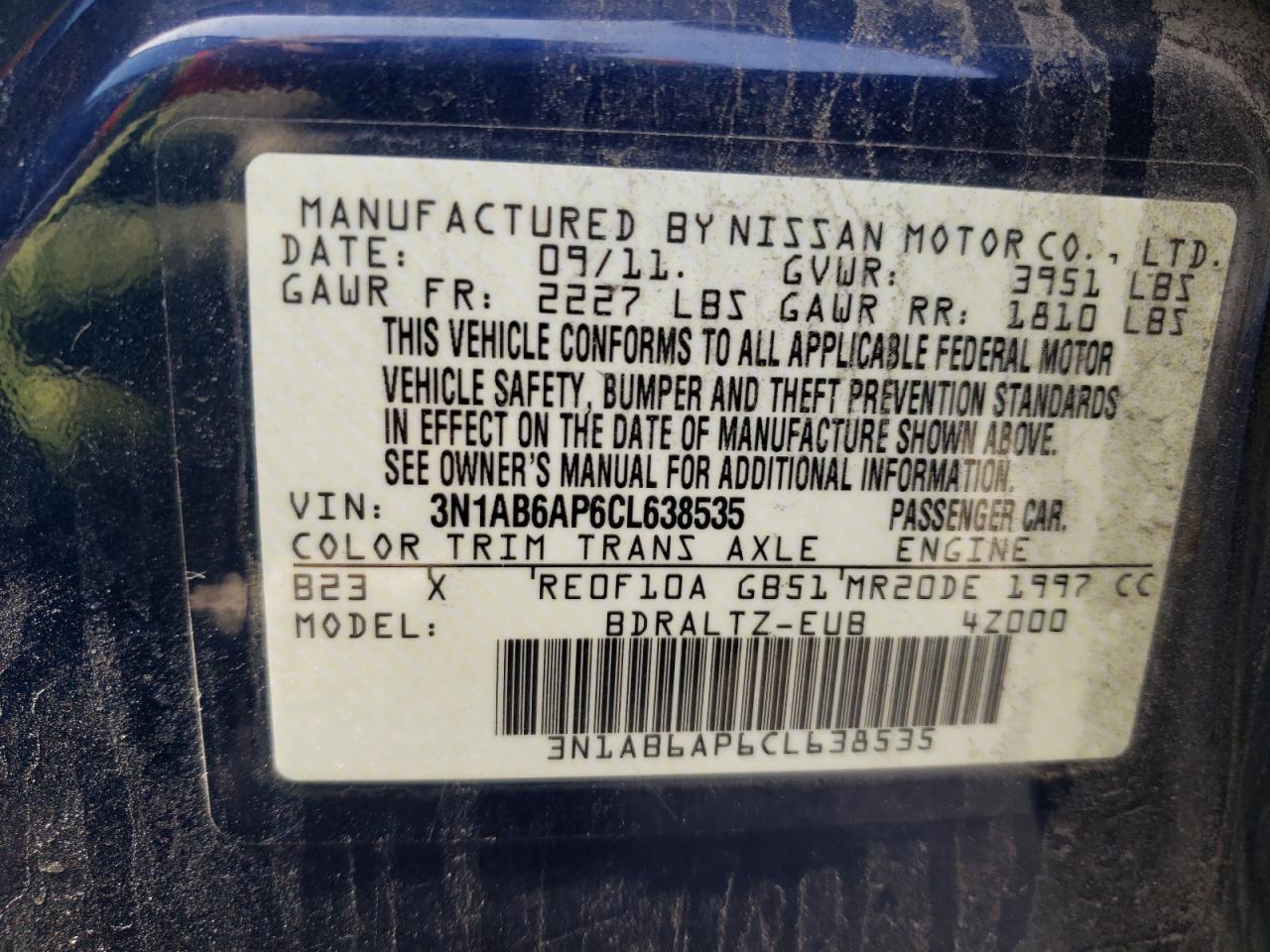 Photo 10 from auction – 2012 NISSAN SENTRA 2.0 with VIN 3N1AB6AP6CL638535