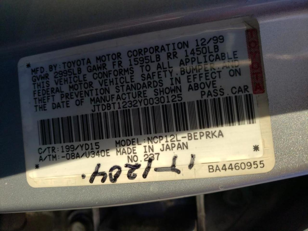 Photo 10 from auction – 2000 TOYOTA ECHO with VIN JTDBT1232Y0030125