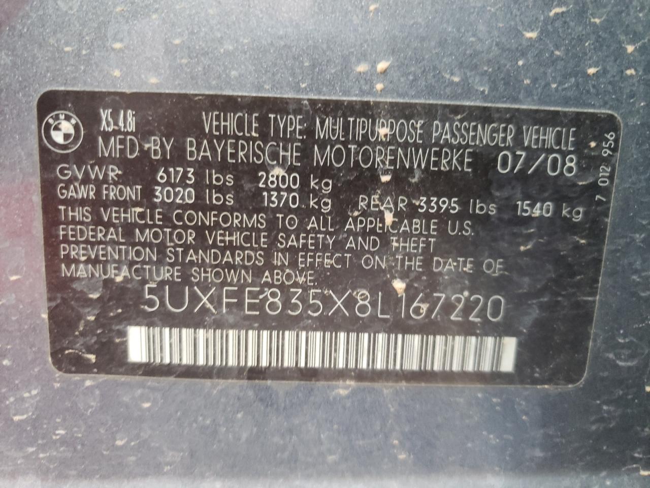 Photo 10 from auction – 2008 BMW X5 4.8I with VIN 5UXFE835X8L167220
