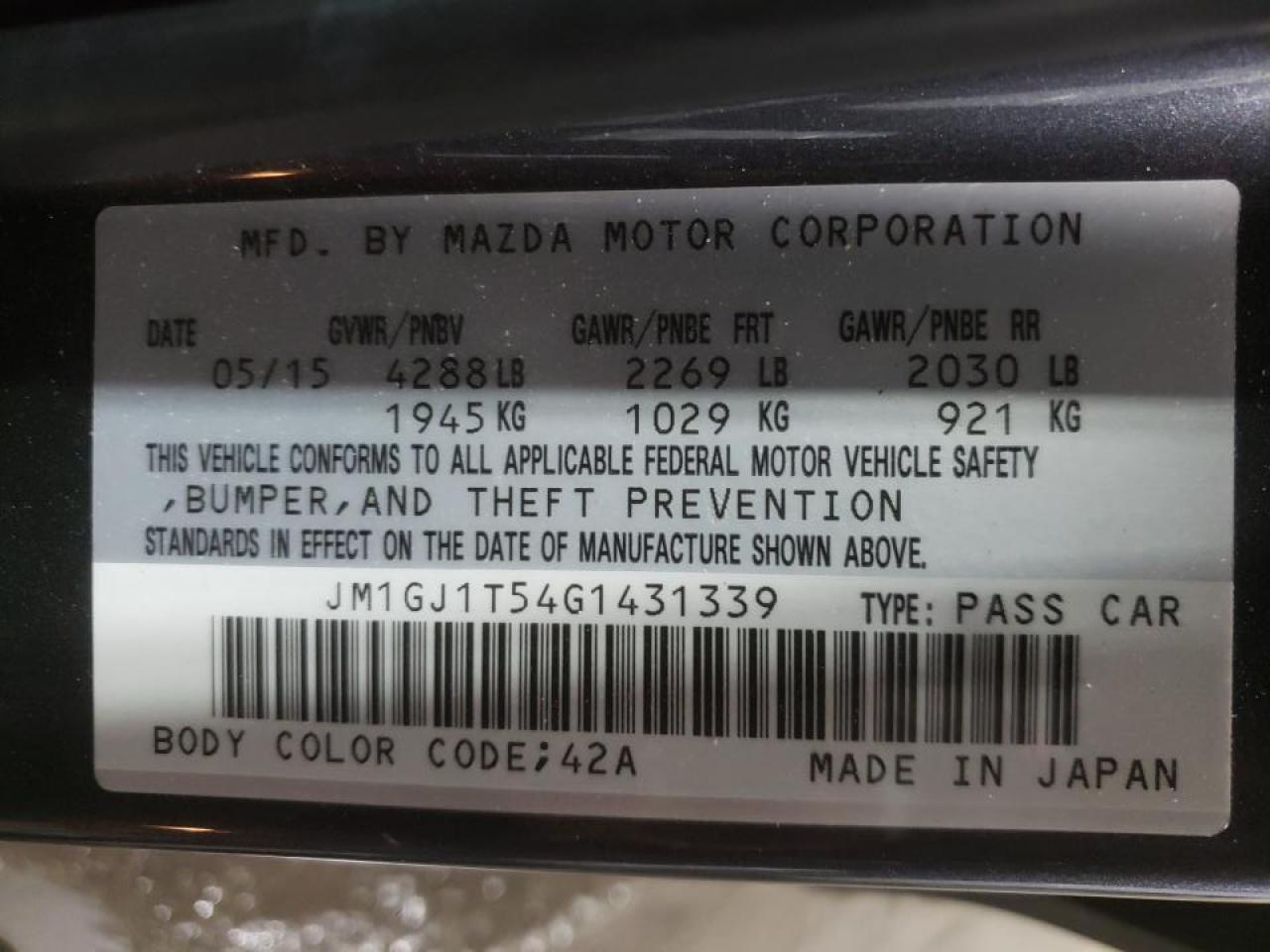 Photo 10 from auction – 2016 MAZDA 6 TOURING with VIN JM1GJ1T54G1431339
