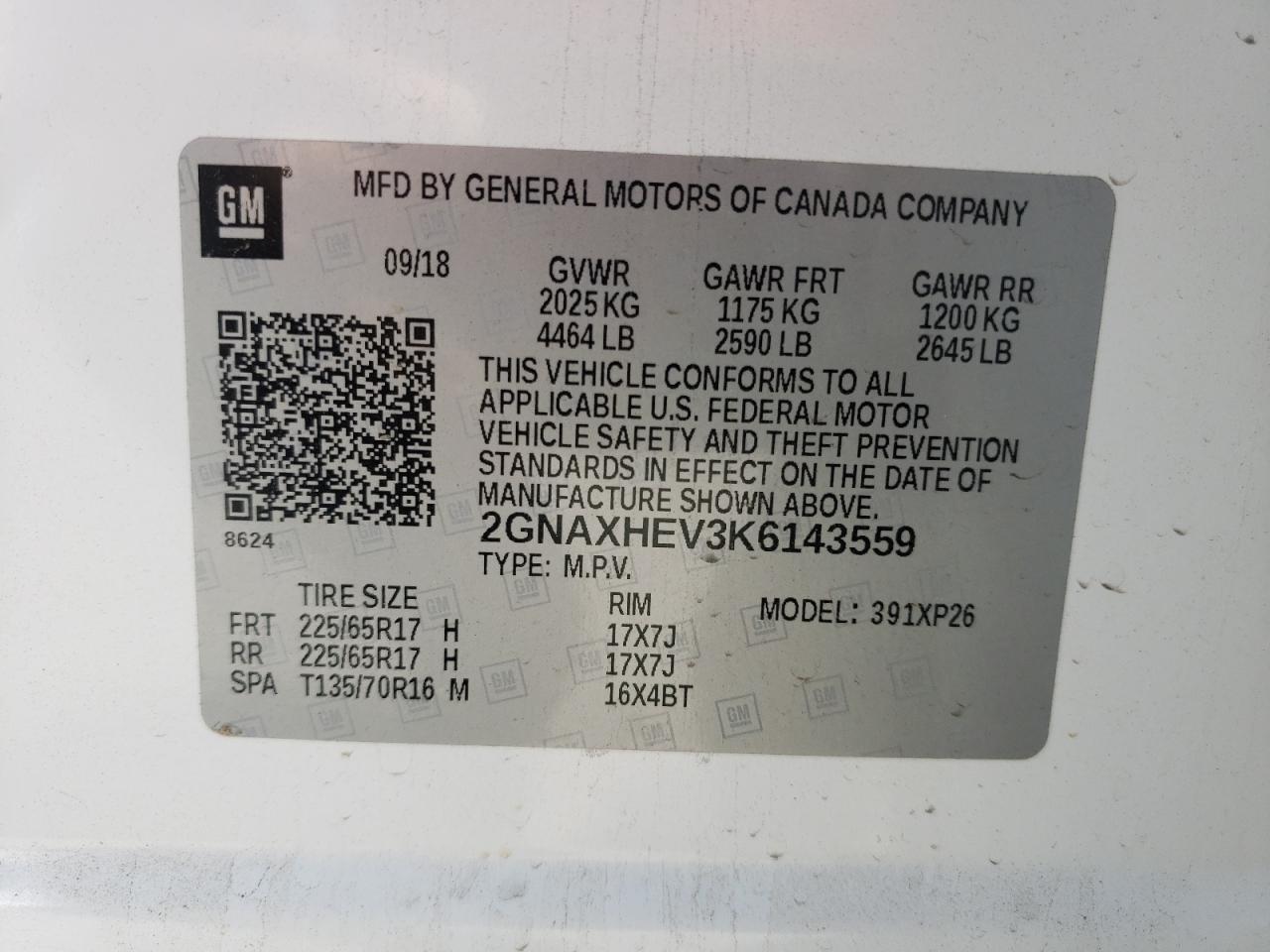 Photo 10 from auction – 2019 CHEVROLET EQUINOX LS with VIN 2GNAXHEV3K6143559