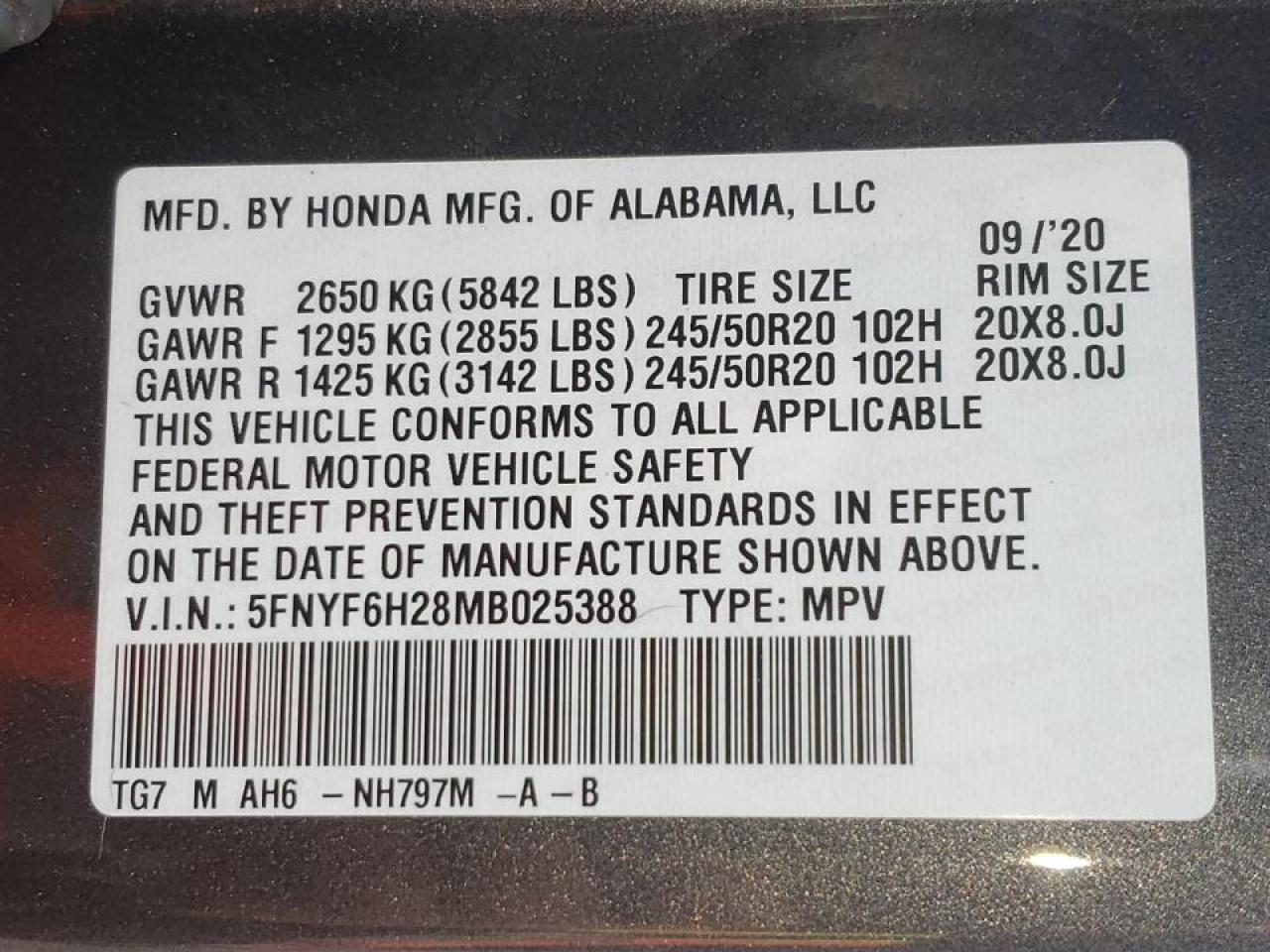 Photo 10 from auction – 2021 HONDA PILOT SE with VIN 5FNYF6H28MB025388