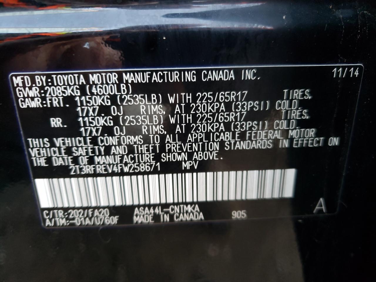 Photo 10 from auction – 2015 TOYOTA RAV4 XLE with VIN 2T3RFREV4FW258671