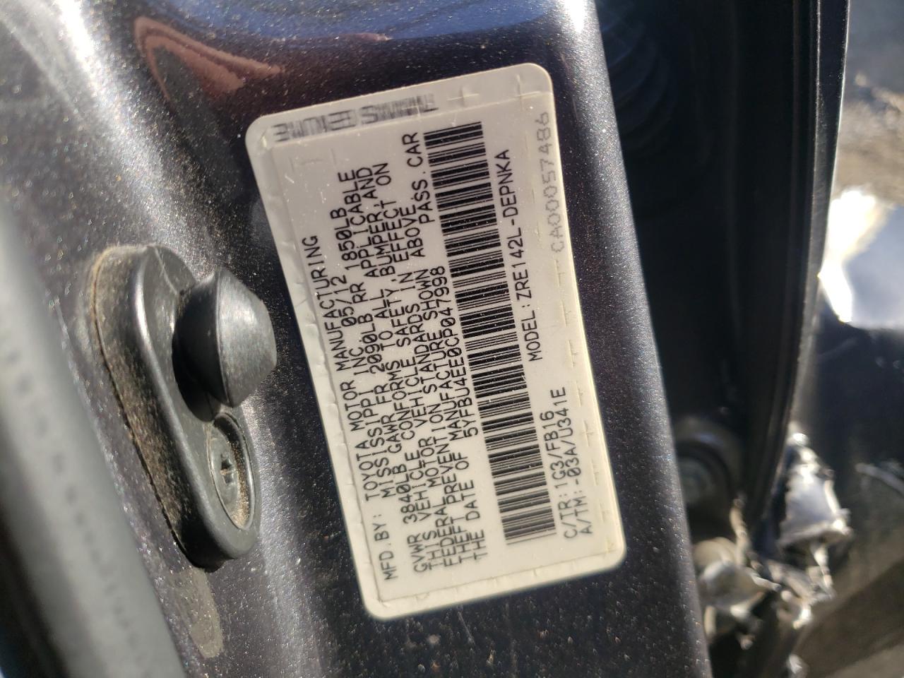 Photo 10 from auction – 2012 TOYOTA COROLLA BA with VIN 5YFBU4EE0CP047998