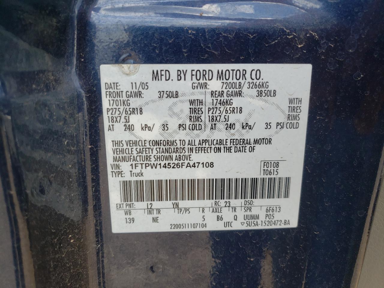 Photo 10 from auction – 2006 FORD F150 SUPER with VIN 1FTPW14526FA47108
