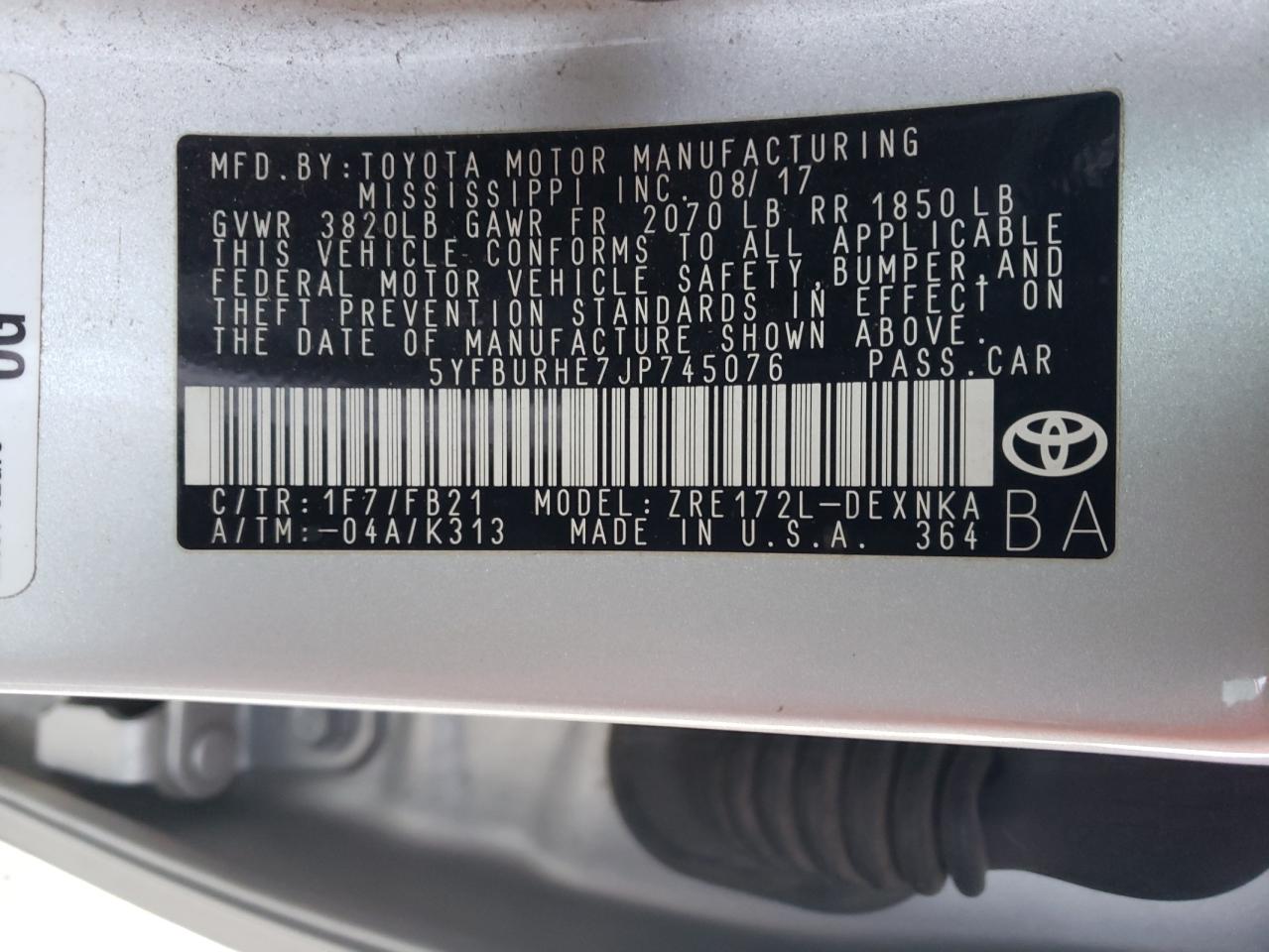 Photo 10 from auction – 2018 TOYOTA COROLLA L with VIN 5YFBURHE7JP745076