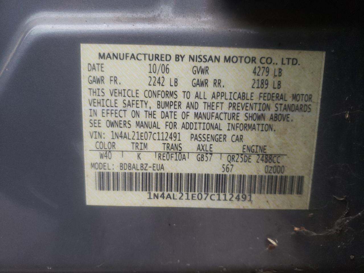 Photo 10 from auction – 2007 NISSAN ALTIMA 2.5 with VIN 1N4AL21E07C112491