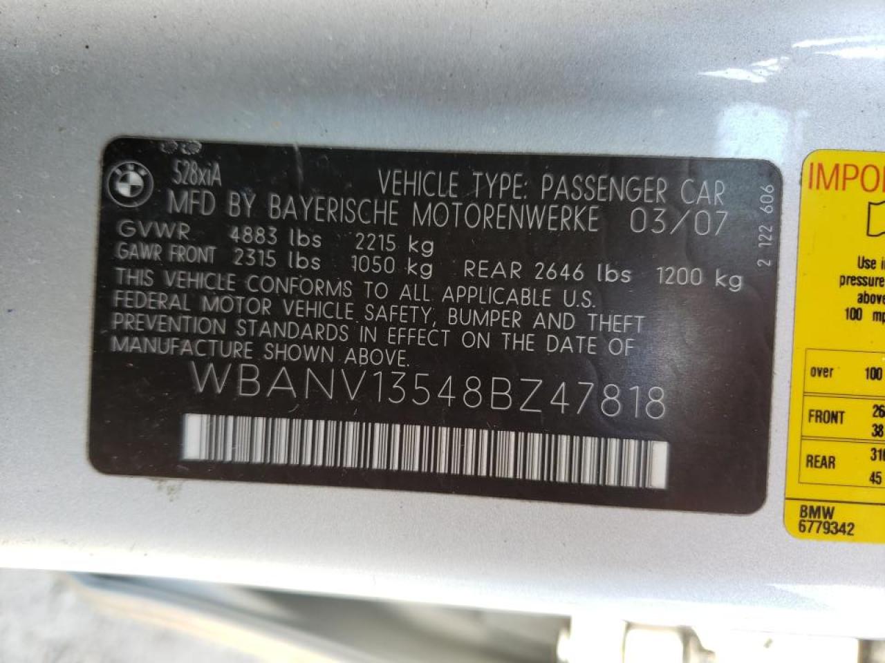 Photo 10 from auction – 2008 BMW 528 XI with VIN WBANV13548BZ47818