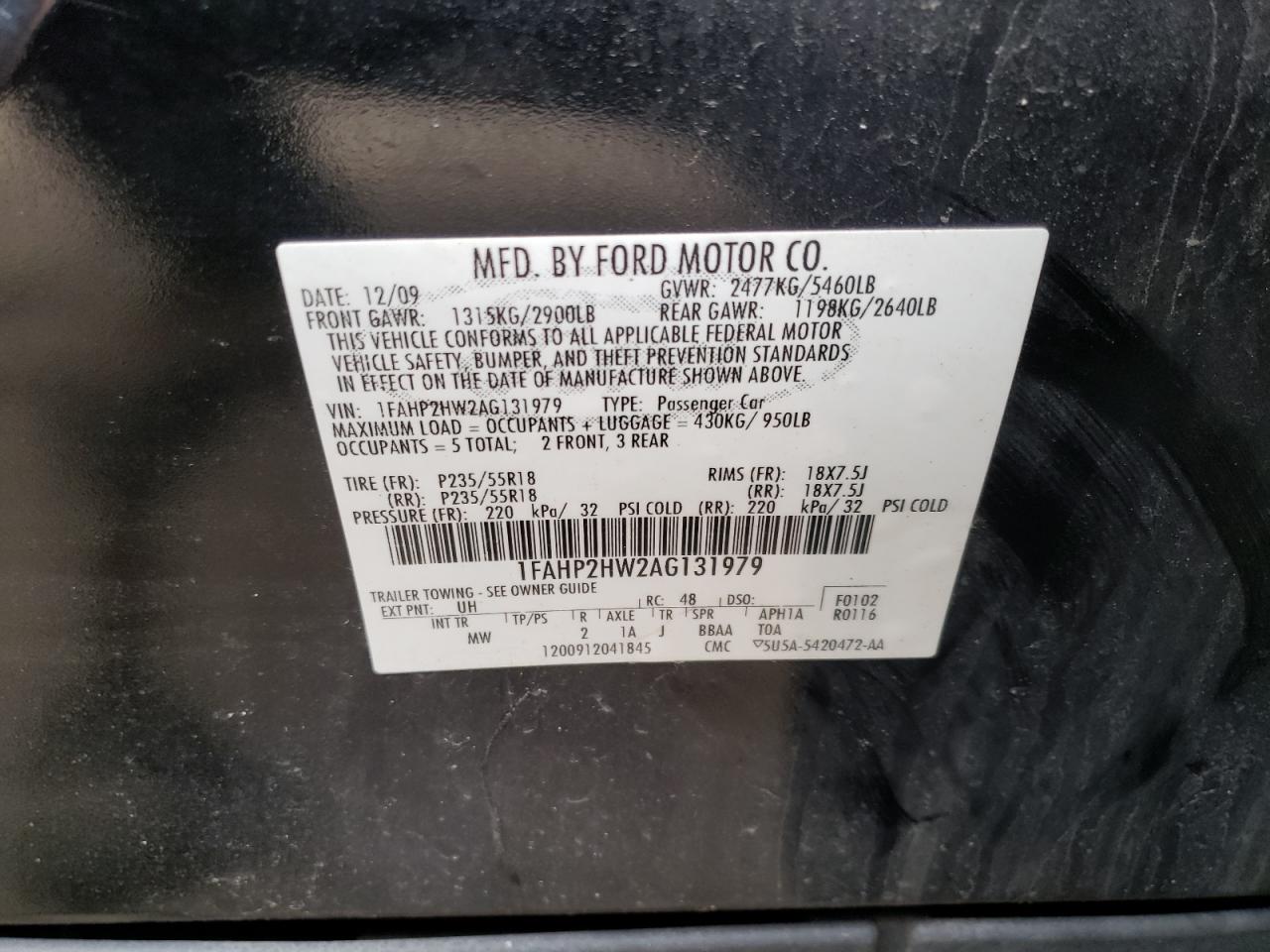 Photo 10 from auction – 2010 FORD TAURUS SEL with VIN 1FAHP2HW2AG131979