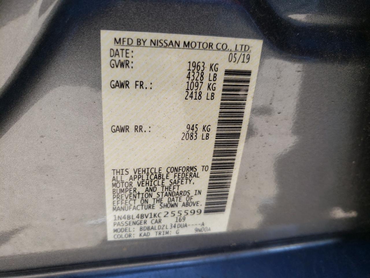 Photo 10 from auction – 2019 NISSAN ALTIMA S with VIN 1N4BL4BV1KC255599