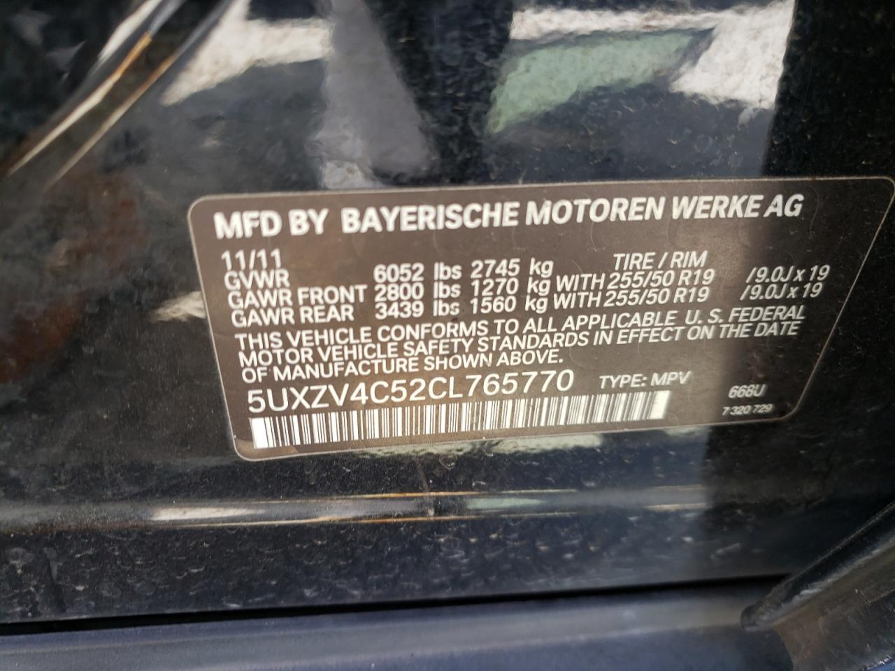 Photo 10 from auction – 2012 BMW X5 XDRIVE3 with VIN 5UXZV4C52CL765770