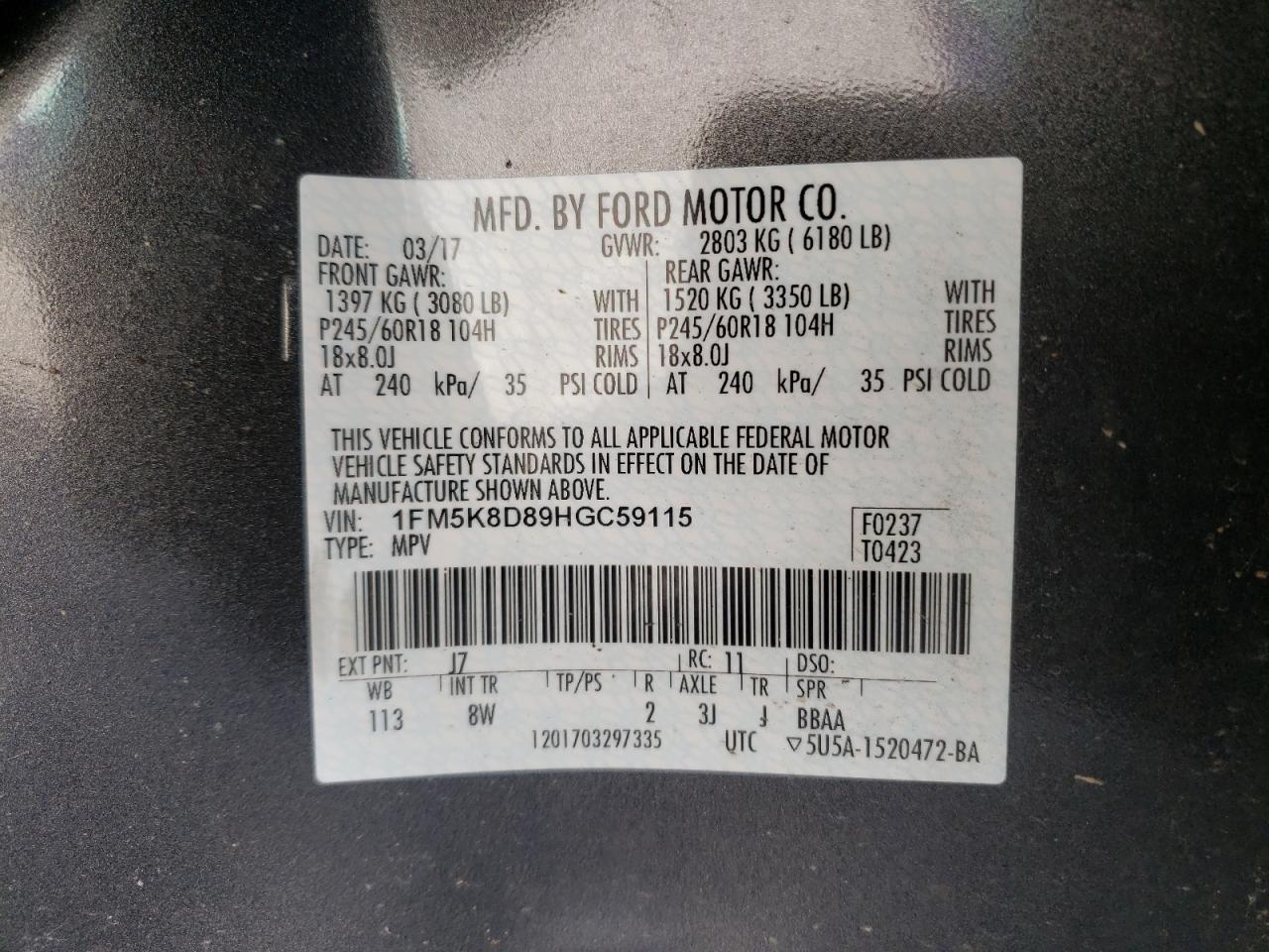 Photo 10 from auction – 2017 FORD EXPLORER X with VIN 1FM5K8D89HGC59115