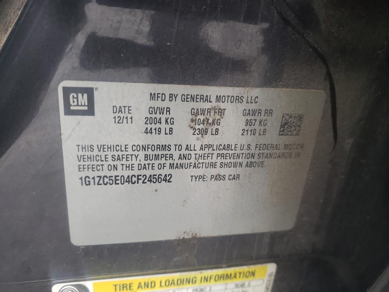 Photo 10 from auction – 2012 CHEVROLET MALIBU  LT with VIN 1G1ZC5E04CF245642