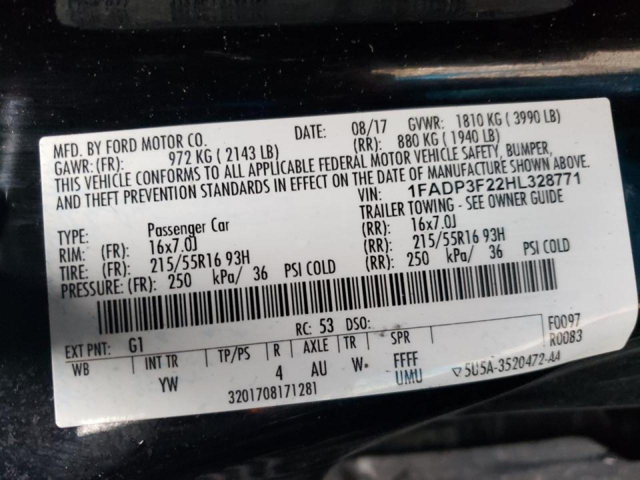 Photo 10 from auction – 2017 FORD FOCUS SE with VIN 1FADP3F22HL328771