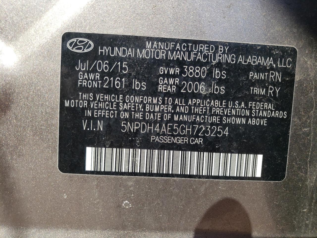 Photo 10 from auction – 2016 HYUNDAI ELANTRA SE with VIN 5NPDH4AE5GH723254