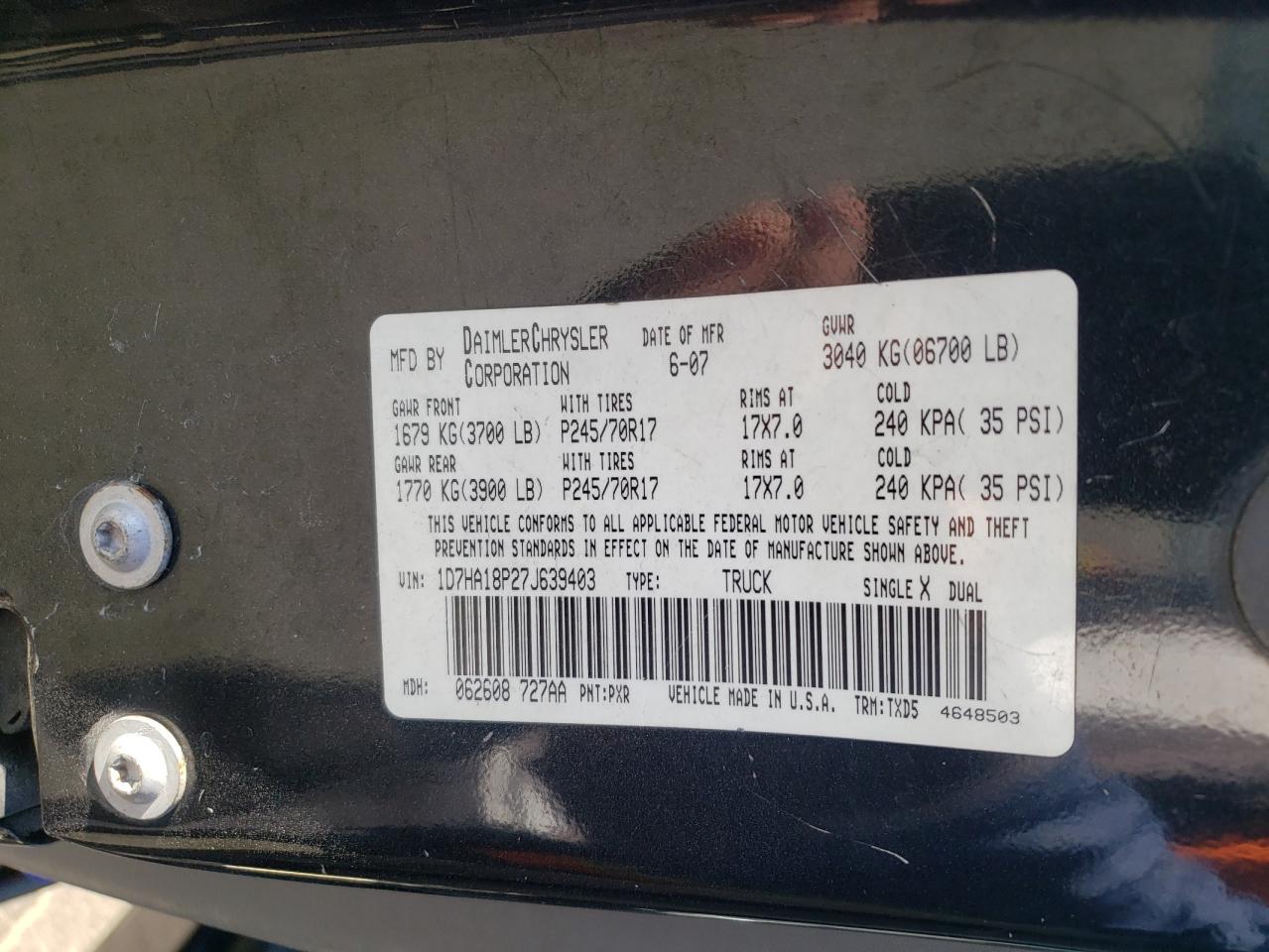 Photo 10 from auction – 2007 DODGE RAM 1500 S with VIN 1D7HA18P27J639403