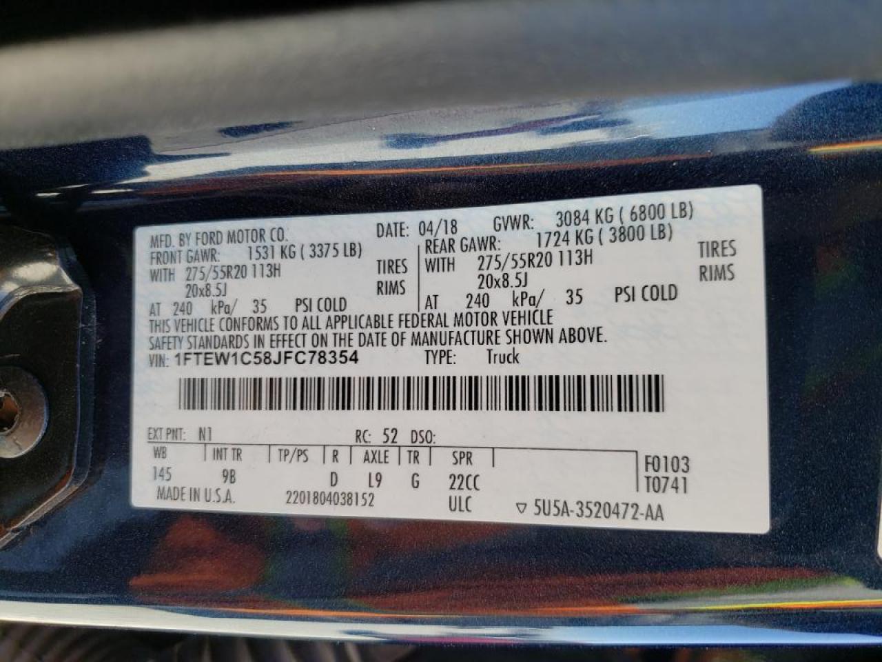 Photo 10 from auction – 2018 FORD F150 SUPER with VIN 1FTEW1C58JFC78354