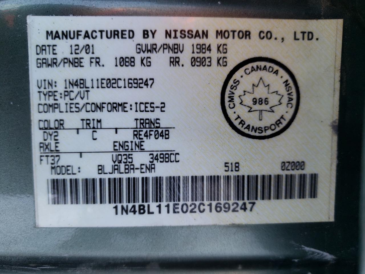 Photo 10 from auction – 2002 NISSAN ALTIMA SE with VIN 1N4BL11E02C169247