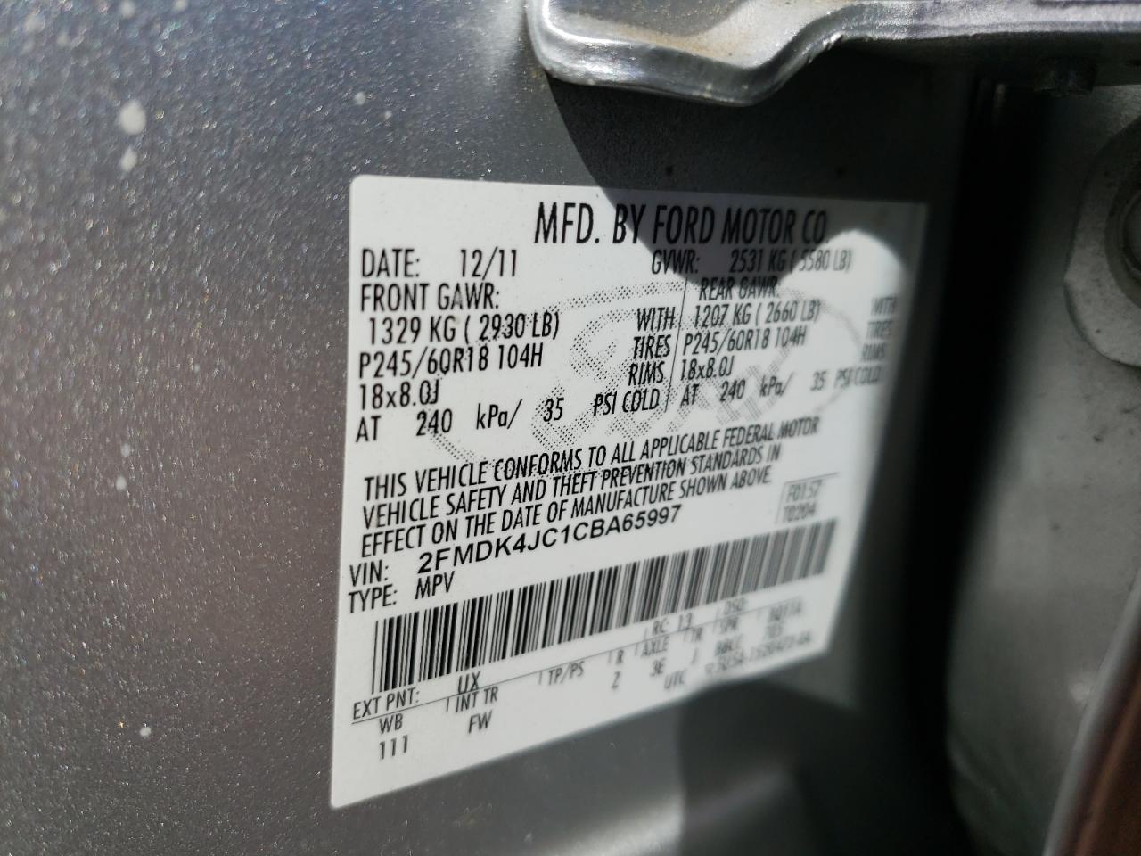 Photo 10 from auction – 2012 FORD EDGE SEL with VIN 2FMDK4JC1CBA65997