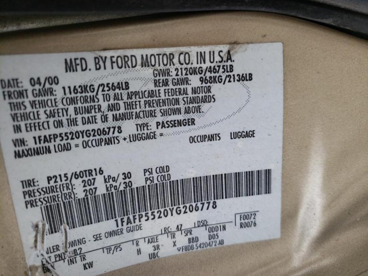 صورة رقم 10 من المزاد - 2005 MERCURY SABLE GS مع VIN 1MEFM50U95A634907
