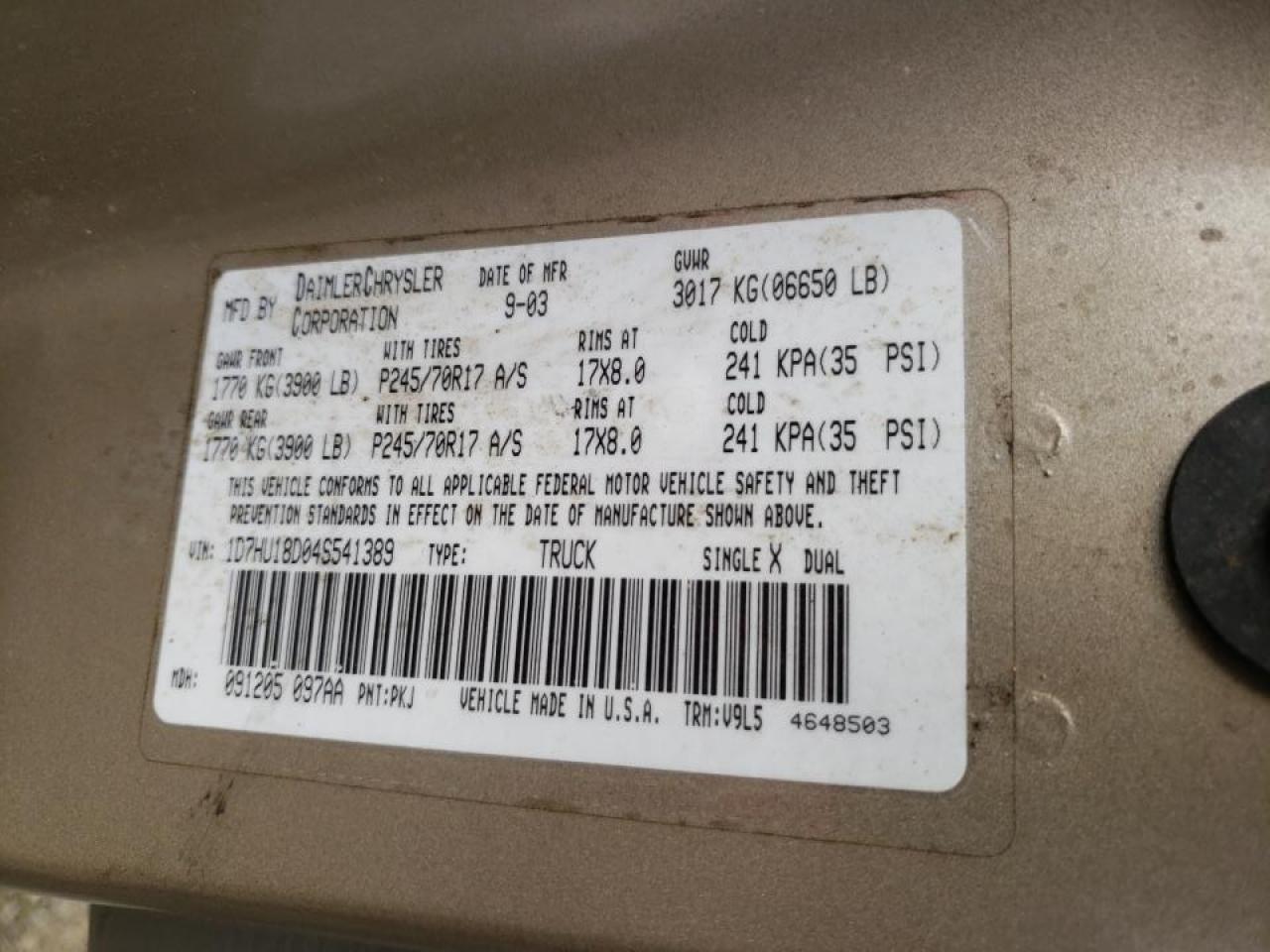Photo 10 from auction – 2004 DODGE RAM 1500 S with VIN 1D7HU18D04S541389