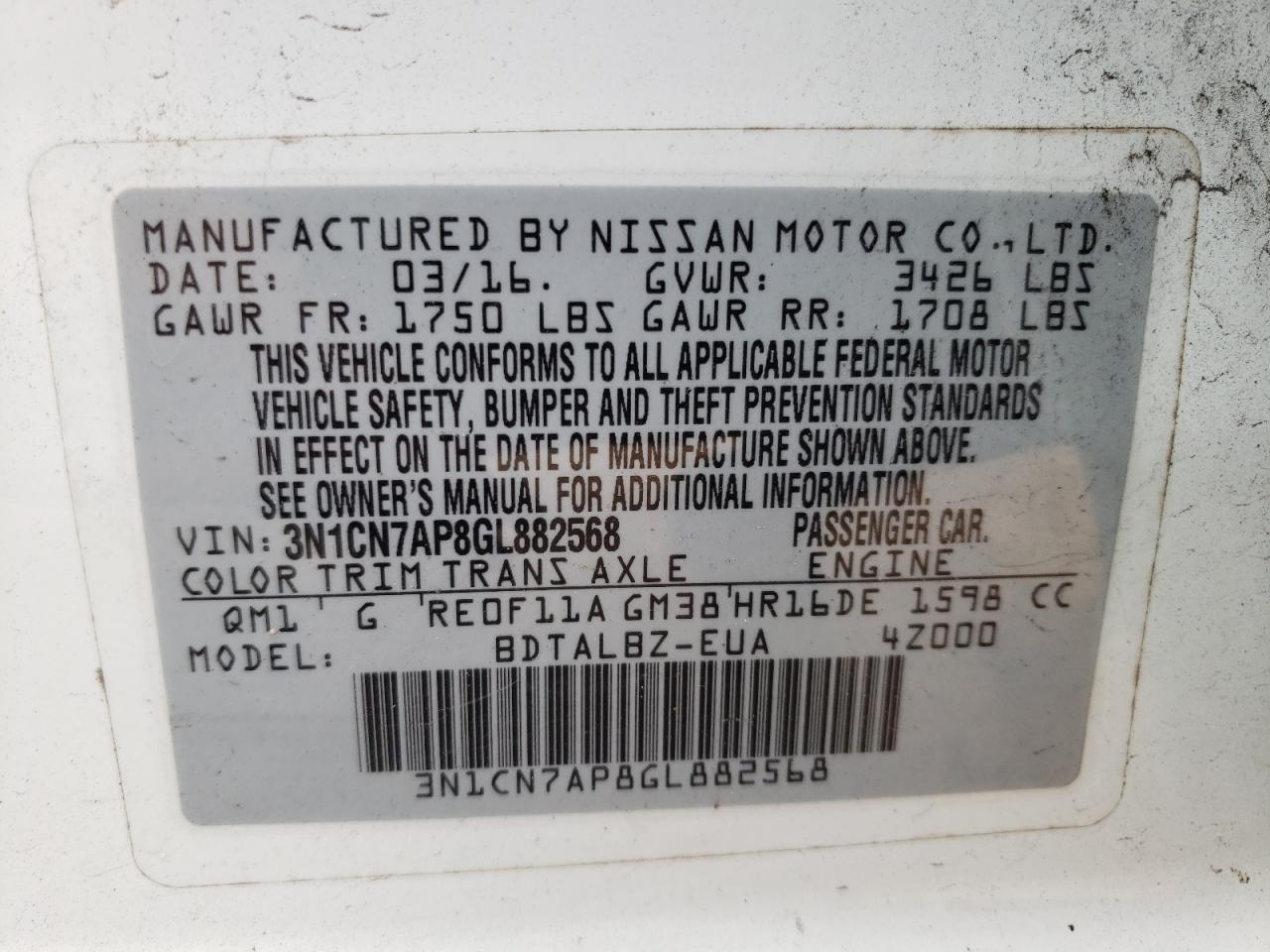 Photo 10 from auction – 2016 NISSAN VERSA S with VIN 3N1CN7AP8GL882568