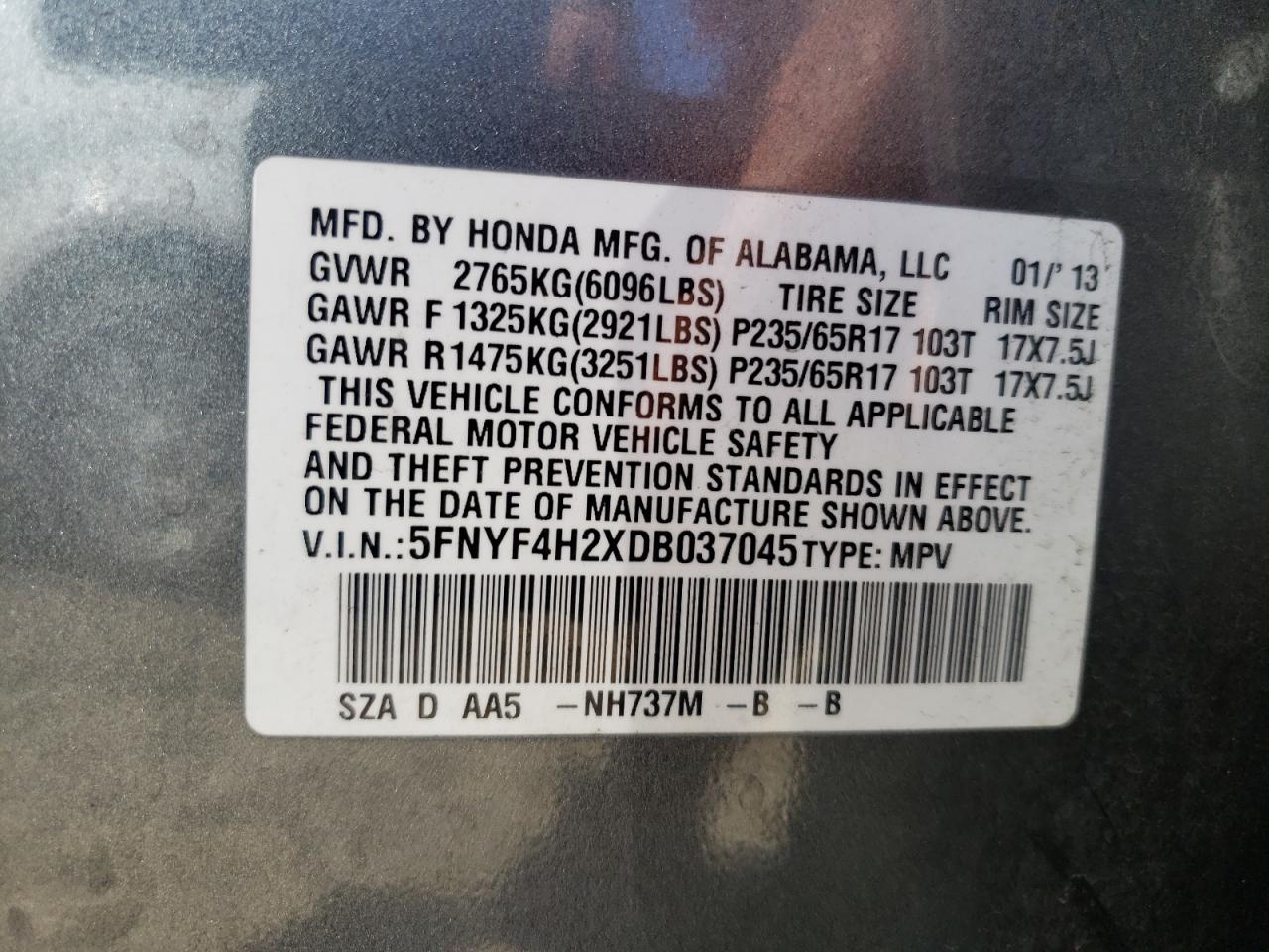 Photo 10 from auction – 2013 HONDA PILOT LX with VIN 5FNYF4H2XDB037045