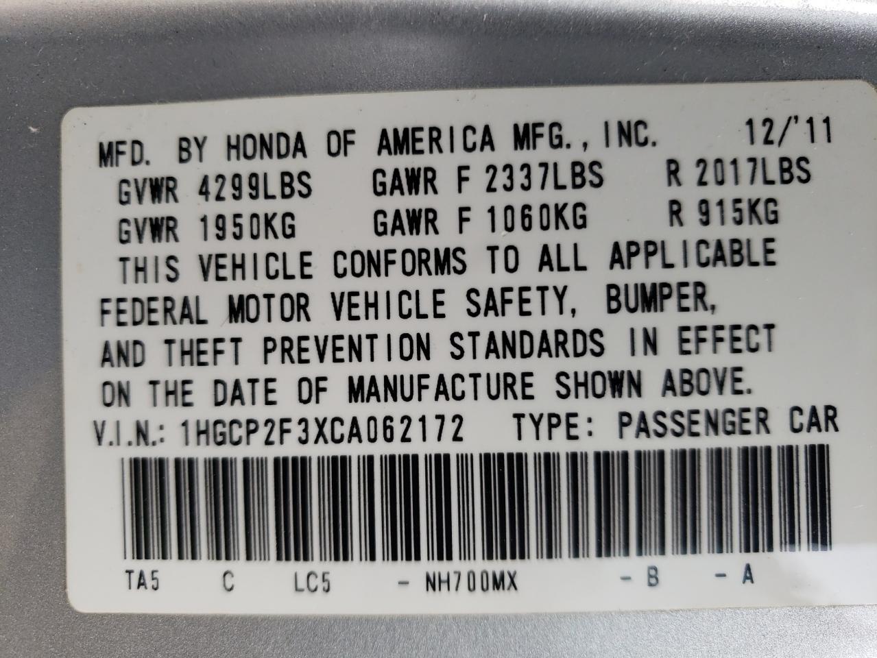 Photo 10 from auction – 2012 HONDA ACCORD with VIN 1HGCP2F3XCA062172