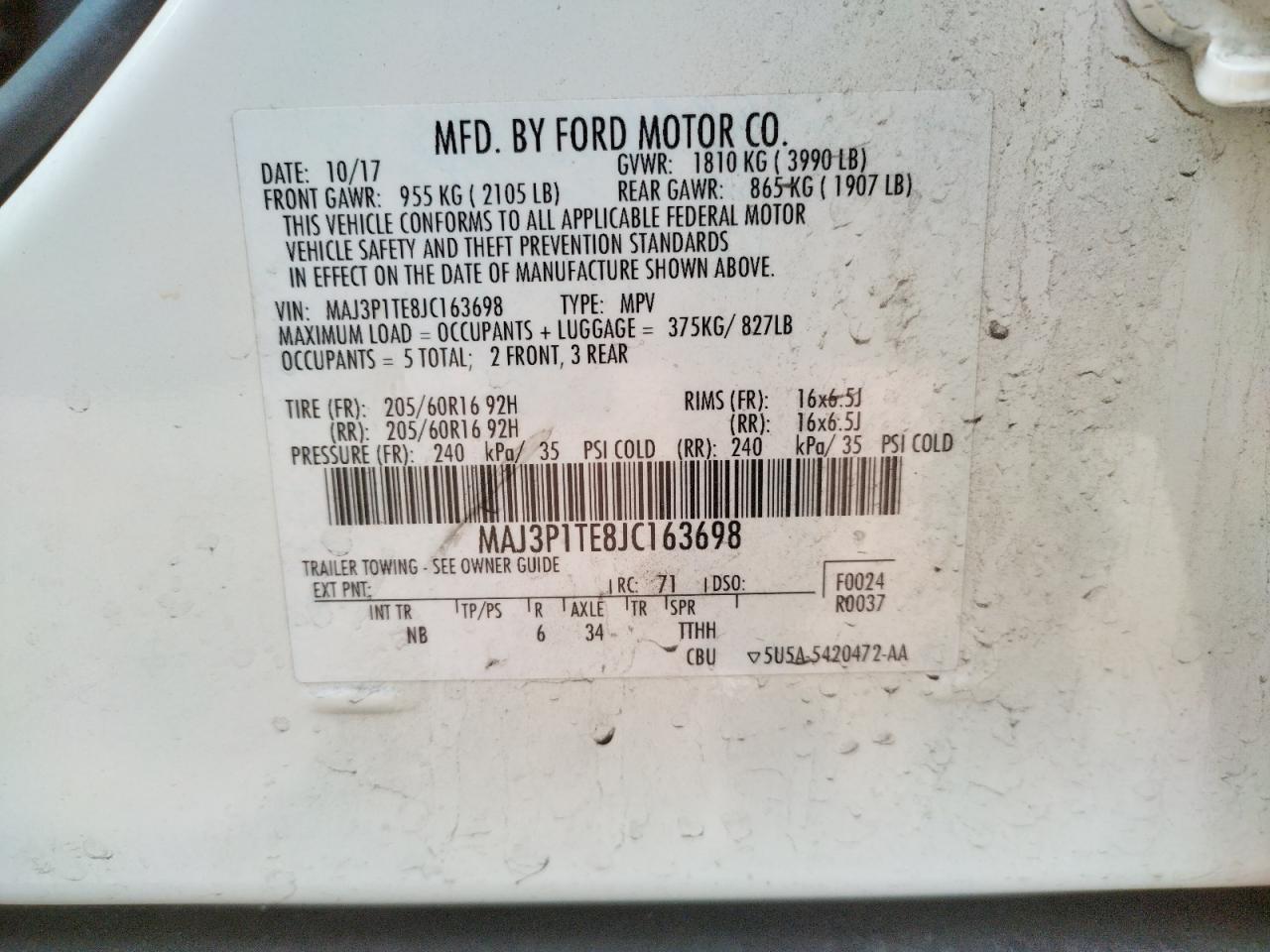 Photo 10 from auction – 2018 FORD ECOSPORT S with VIN MAJ3P1TE8JC163698