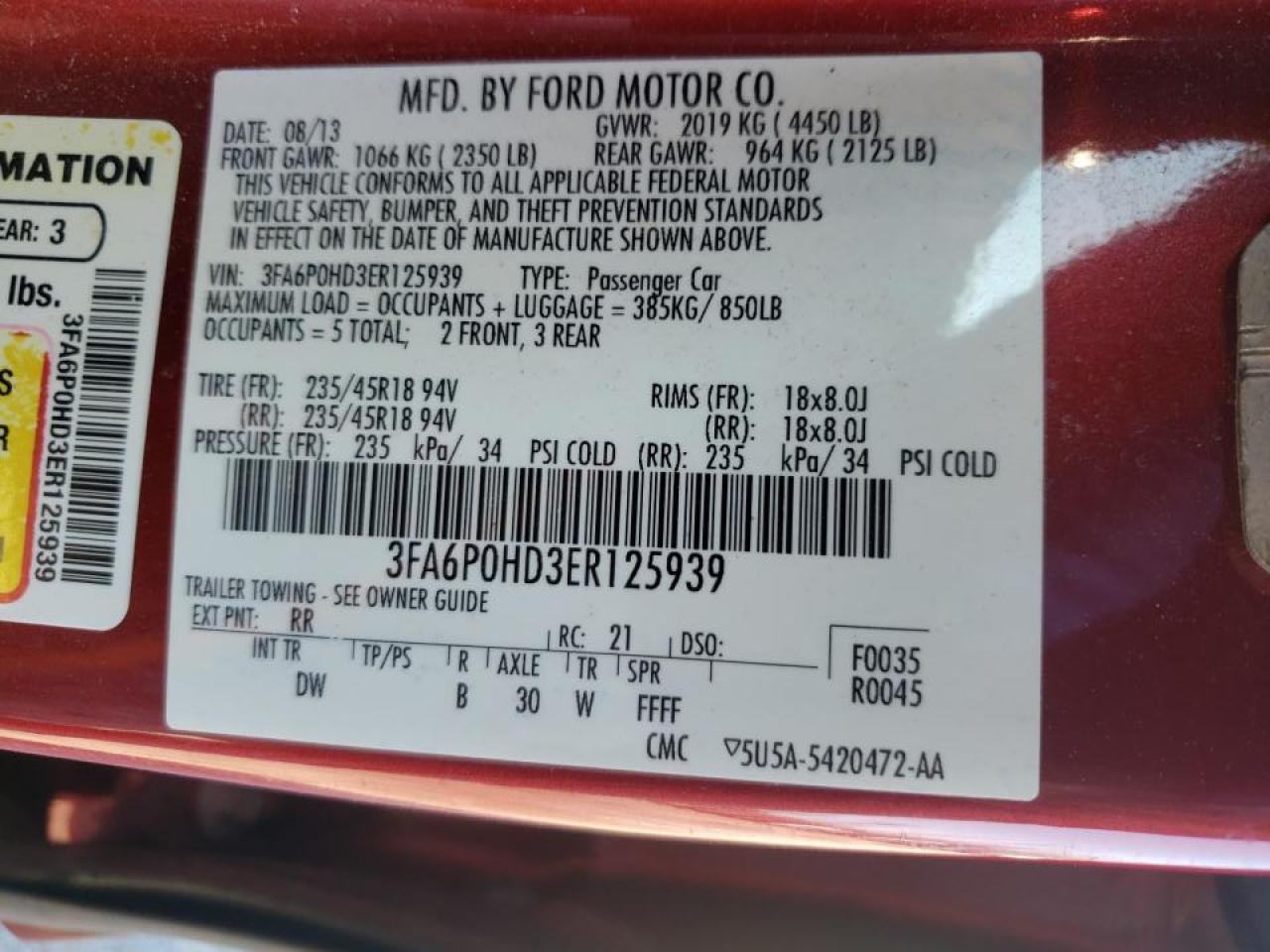 Photo 10 from auction – 2014 FORD FUSION SE with VIN 3FA6P0HD3ER125939