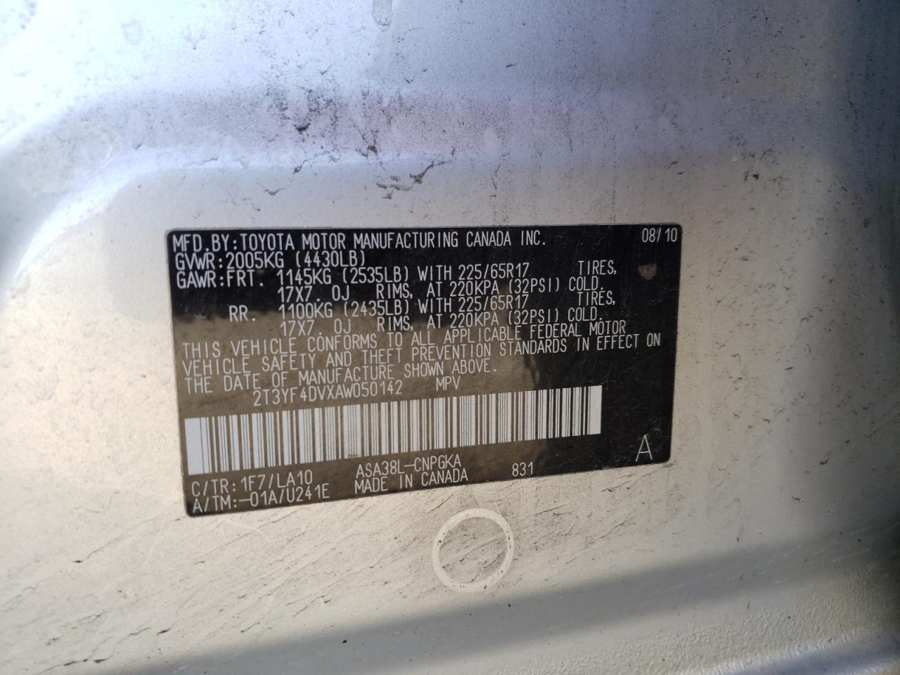 Photo 10 from auction – 2010 TOYOTA RAV4 LIMIT with VIN 2T3YF4DVXAW050142
