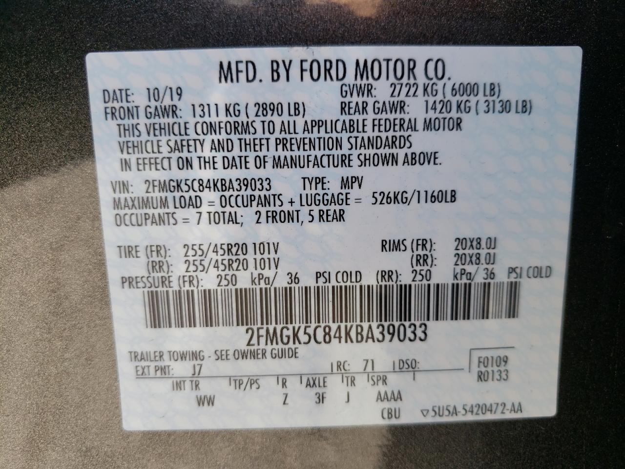 Photo 10 from auction – 2019 FORD FLEX SEL with VIN 2FMGK5C84KBA39033